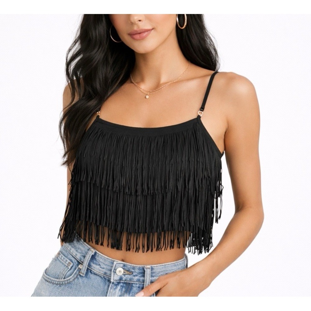 Show Me Your Mumu Cha Cha Fringe Cami Top Small Boho Festival Western Crop Black